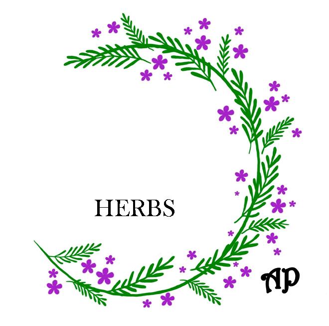 Herb Aether Patch - a semi circle of green leaves and purple flowers curves around the right hand side of the patch. Within the semi-circle the word 'HERBS' is in black capitals. To the bottom right the letters 'AP' are stylised in black.